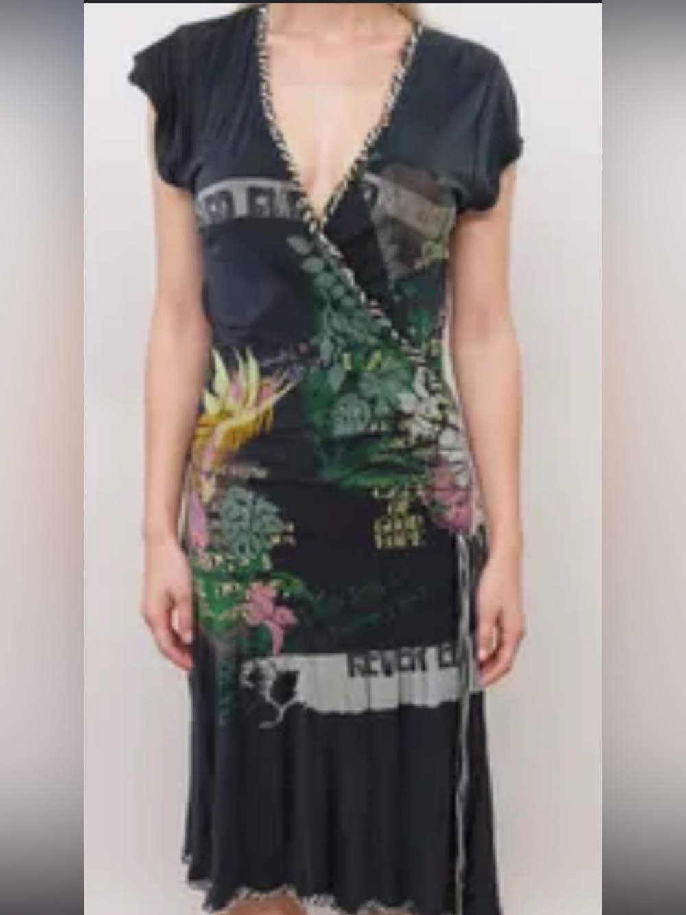DEPT Wrap Dress Womens S Black Floral Graphic Boho V Neck Sunny Delight